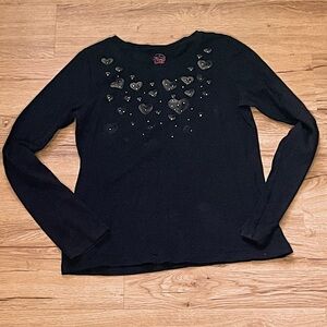 Faded Glory Girls Black Long Sleeve Top With Studded Hearts